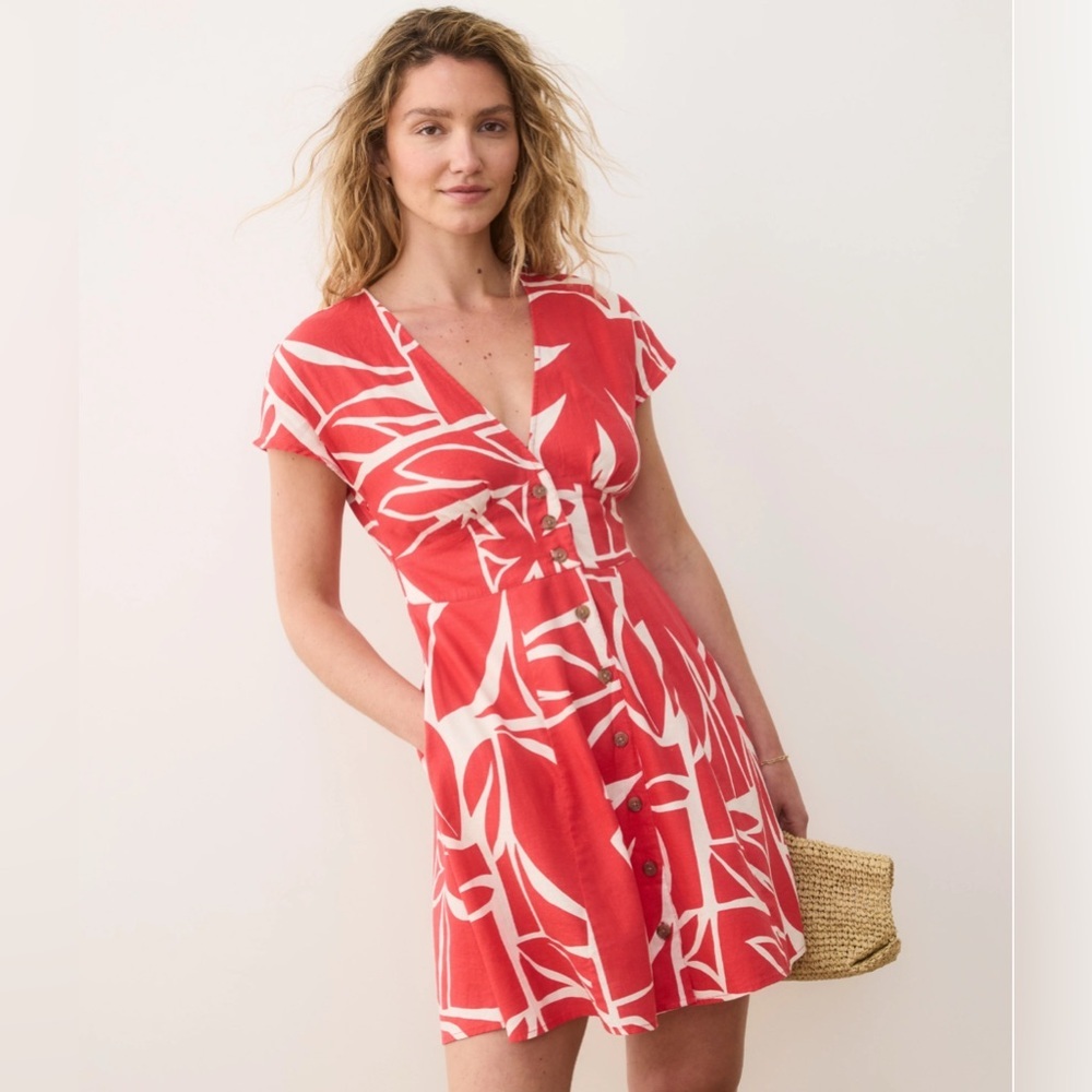 MARINE LAYER Camila Mini Dress Red and White V-Neck Size Medium